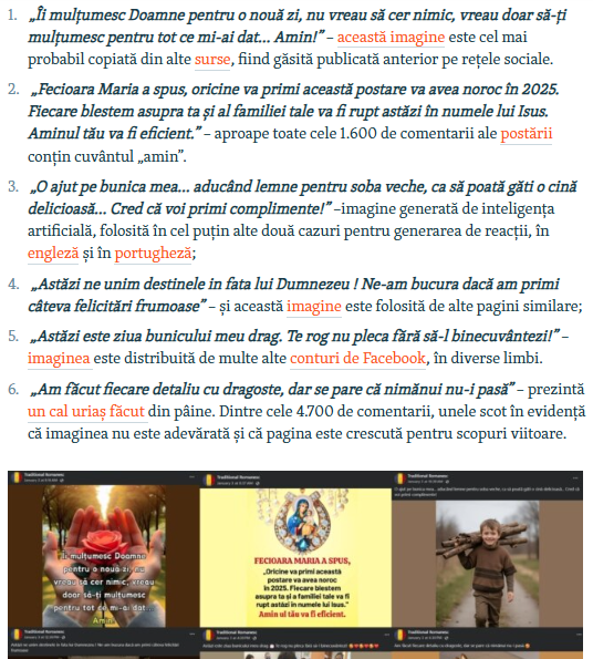 Imagini cu mesaje religioase sau generate de inteligența artificială și publicate pe pagina de Facebook „Traditional Romanesc” pe 3 ianuarie 2025 romania.europalibera.org